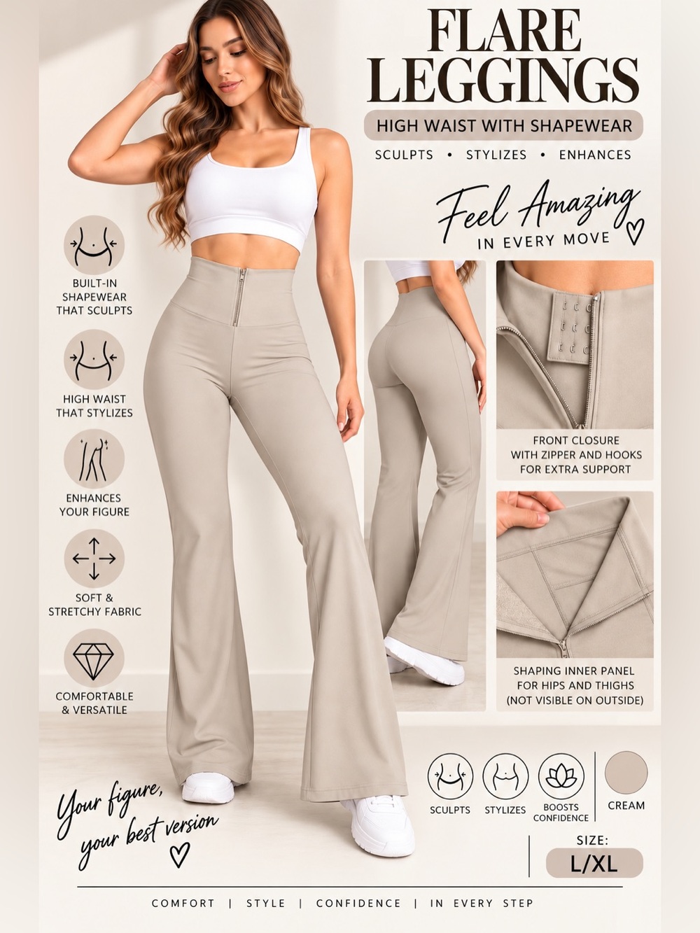 Women’s L/XL High Waist Flare Leggings Shapewear Tummy Control Front Zipper
